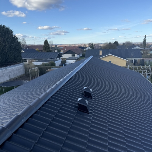 Nyt sort tag med to udluftningshætter og udsigt over villakvarter under blå himmel.