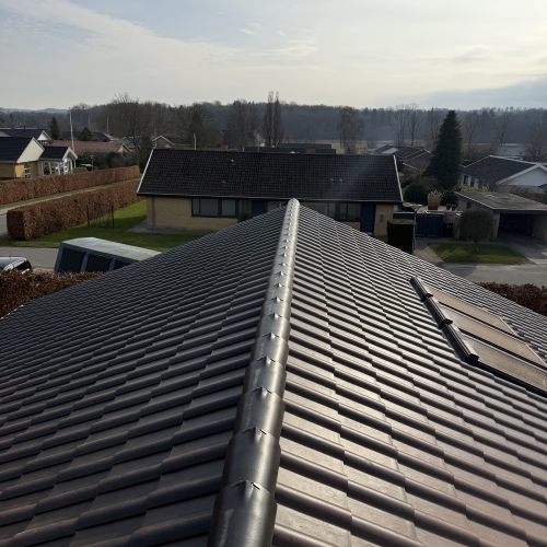 Tagrenovering med fokus på rygningssten og nye sorte tagsten – panoramaudsigt.