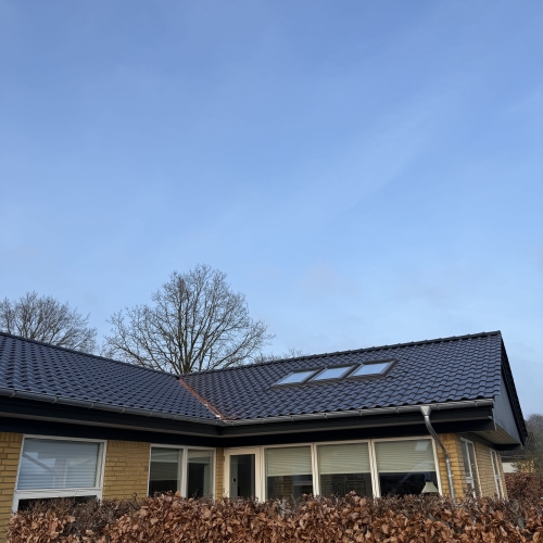 Sort tegltag med ovenlysvinduer efter afsluttet tagrenovering.