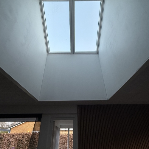 Udskiftning af vinduer med ovenlys i stue med traeloft og dekorativ indretning